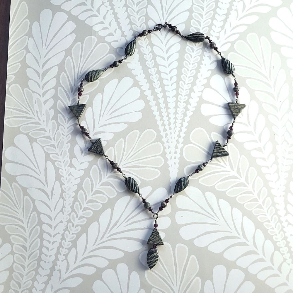 Seraphinite and Garnet Beaded Stone Necklace